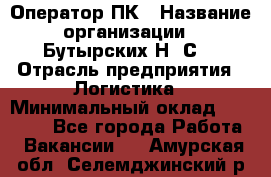 Оператор ПК › Название организации ­ Бутырских Н. С. › Отрасль предприятия ­ Логистика › Минимальный оклад ­ 18 000 - Все города Работа » Вакансии   . Амурская обл.,Селемджинский р-н